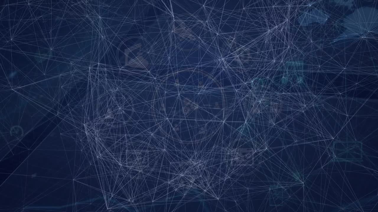 Animation of network of connections over data processing on blue background