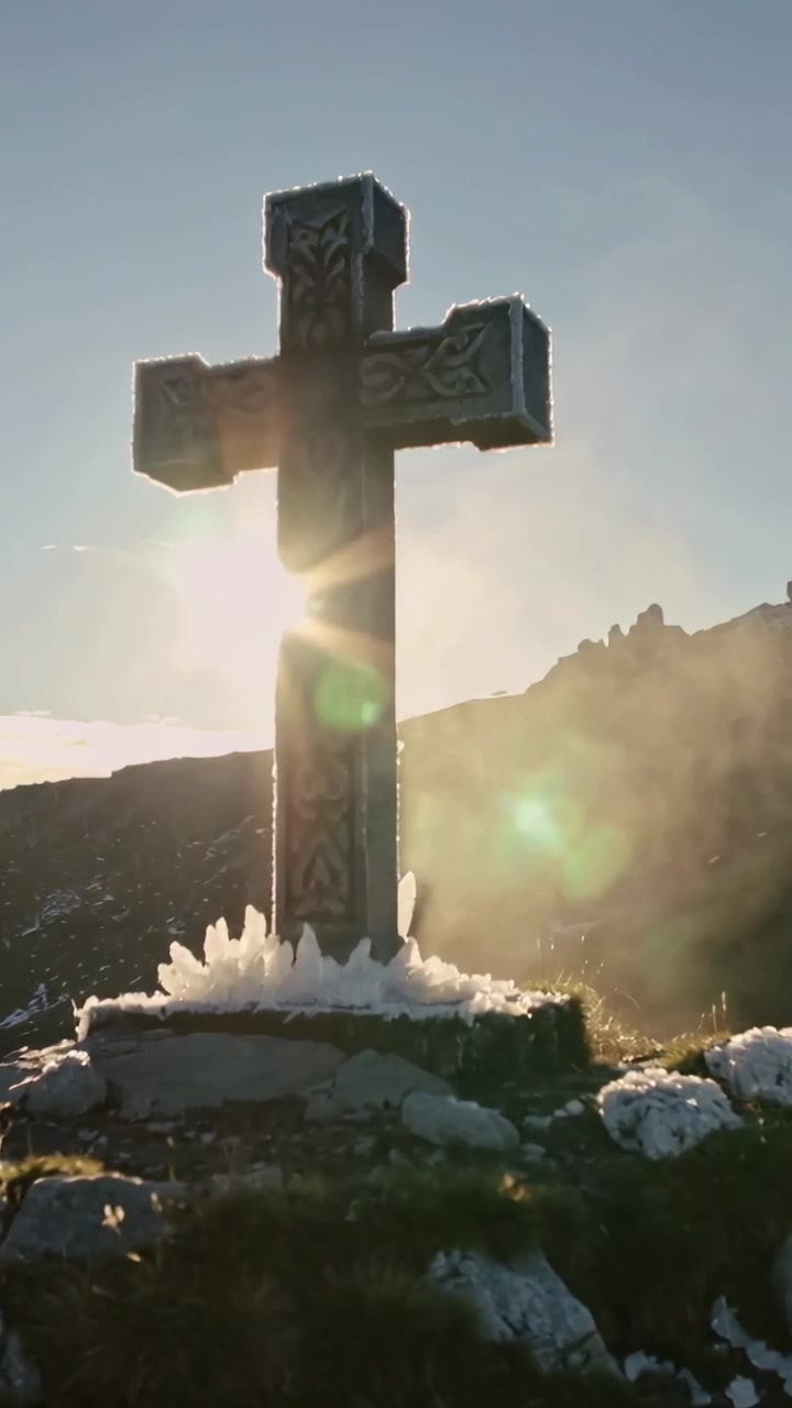 Video verticale: Telecamera che si inclina rivelando una croce intagliata retroilluminata mentre il sole si sposta dietro, con brina.