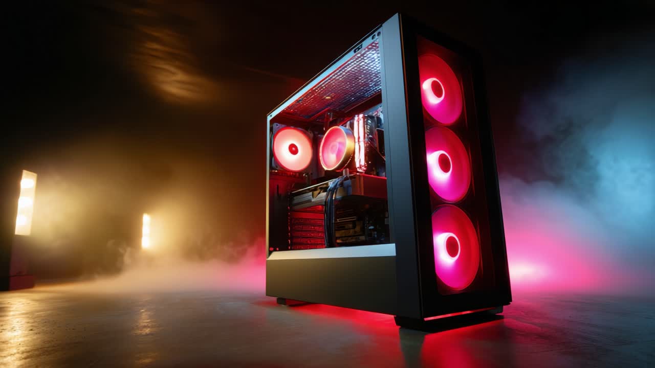 A Stunning Showcase of a Modern Gaming PC with Vibrant RGB Lighting and Sleek Design, Perfectly Positioned Against a Smoky Background to Highlight Its Advanced Cooling System and Cutting-Edge Technology