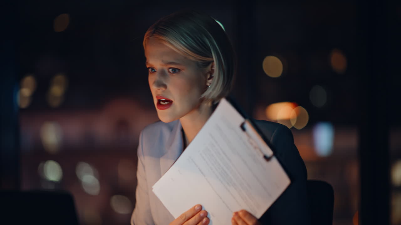 Przepracowany profesjonalista podczas konfliktowej rozmowy wideo, wskazujący na dokumenty w biurze – zbliżenie