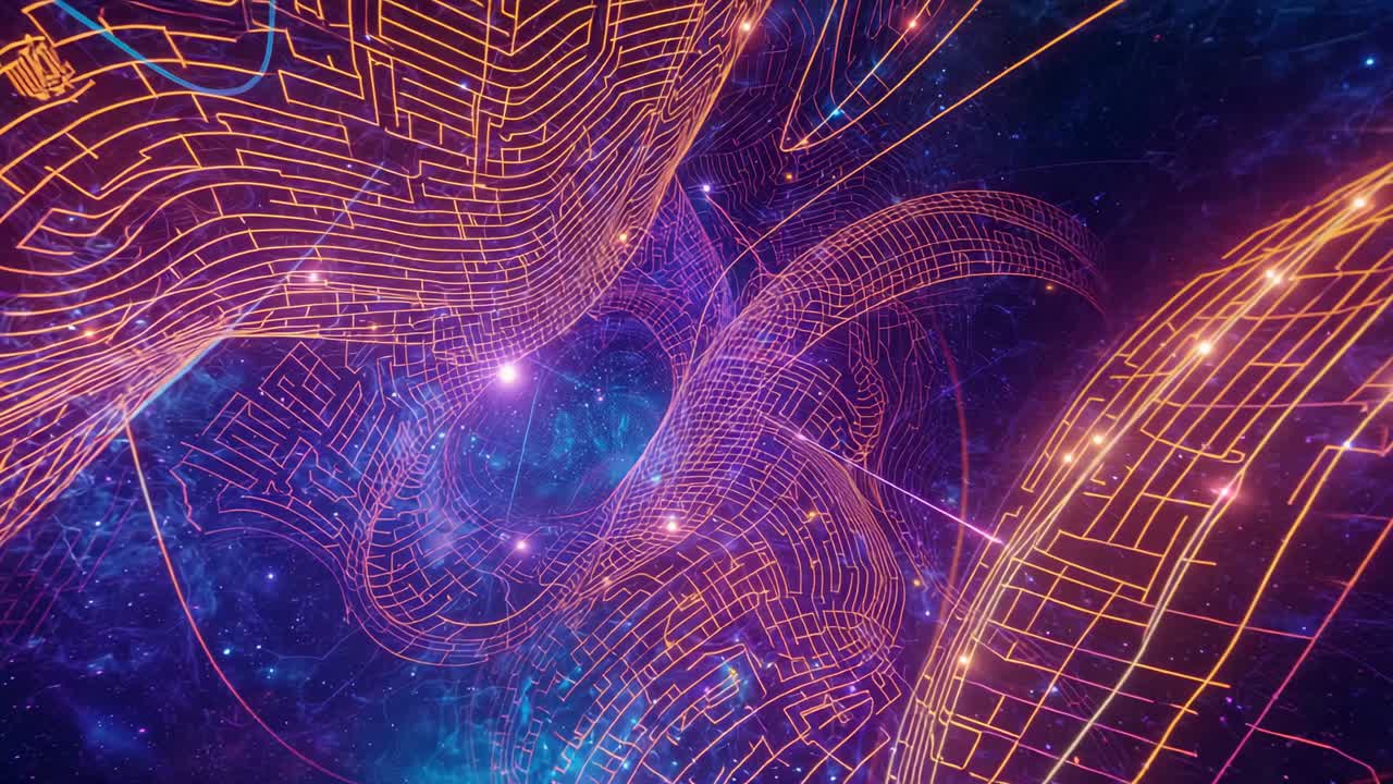 Frames initiating neon grid rotating in nebula starfield, with pulsing nodes toward central void