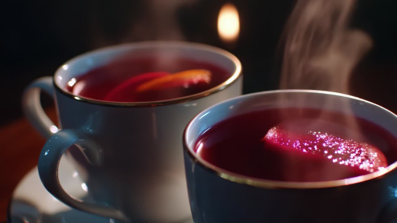 Two steaming cups of aromatic tea, with slices of fruit resting on top, beautifully captured in a cozy light, embodying warmth and comfort, perfect for relaxing moments and enjoyable gatherings