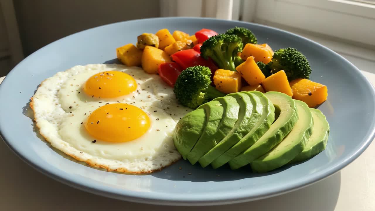 A Nutritious Breakfast Platter Featuring Sunny-Side-Up Eggs, Fresh Avocado Slices, and Colorful Vegetables for a Healthy Start to Your Day