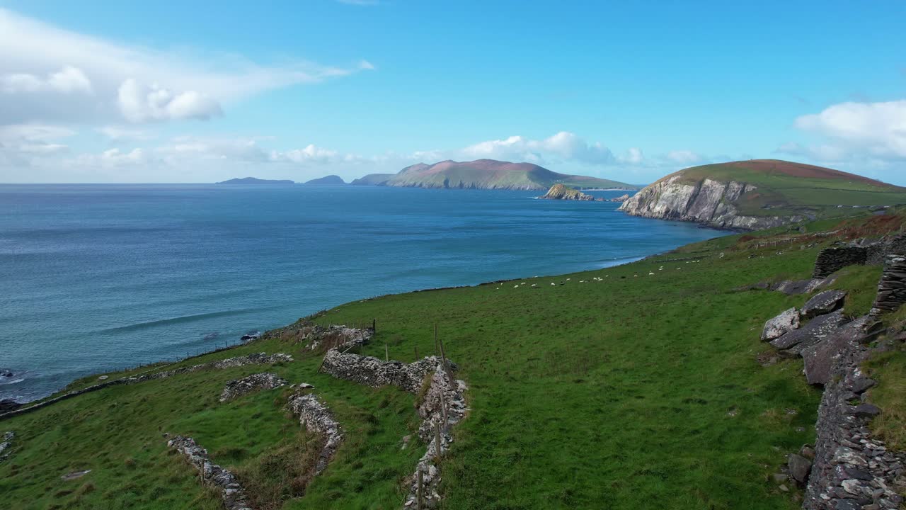 Epic Ireland drone flying over ruins of farm with blanket Islands Slea head Kerry in autumn stunning coastal landscape
