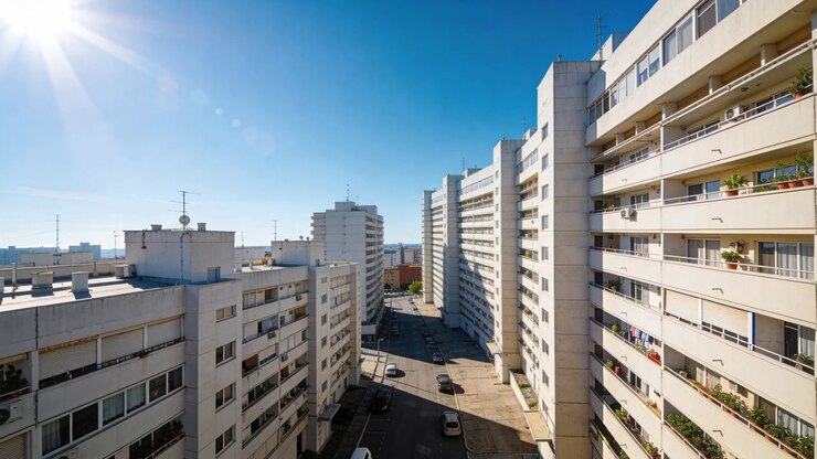 Movendo a câmera para frente, revelando a vista de uma rua residencial com apartamentos brancos, carros e roupas estendidas.