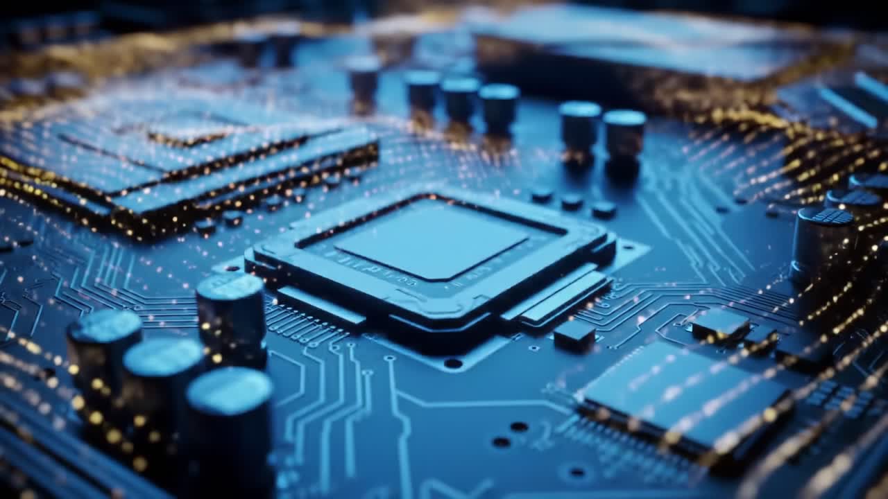 A Stunning Close-Up of a Modern Circuit Board with Glowing Connections and Complex Chip Architecture Capturing the Essence of Electronic Innovation and Technology