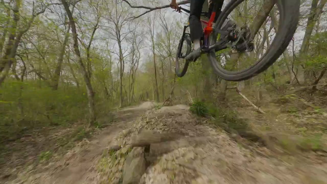 POV de seguir um ciclista de montanha descendo uma trilha singletrack pela floresta