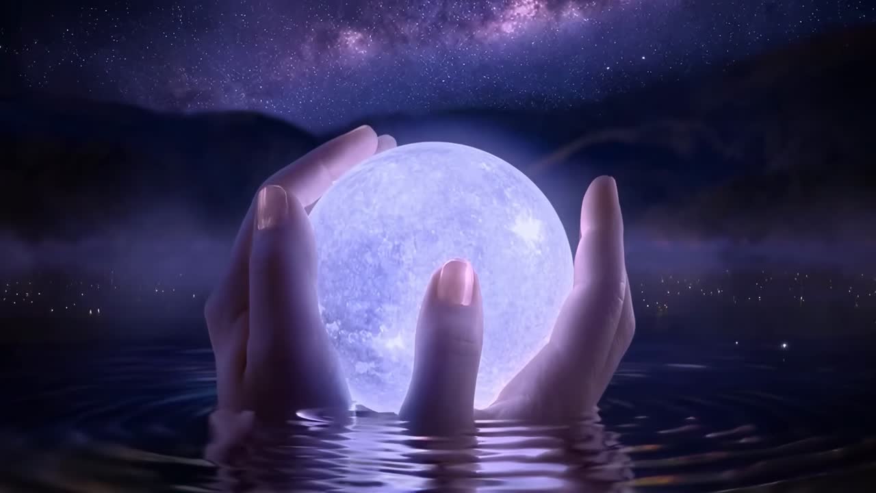 Scena video mistica con mani che reggono un'aura luminosa, ripresa dal basso di notte.