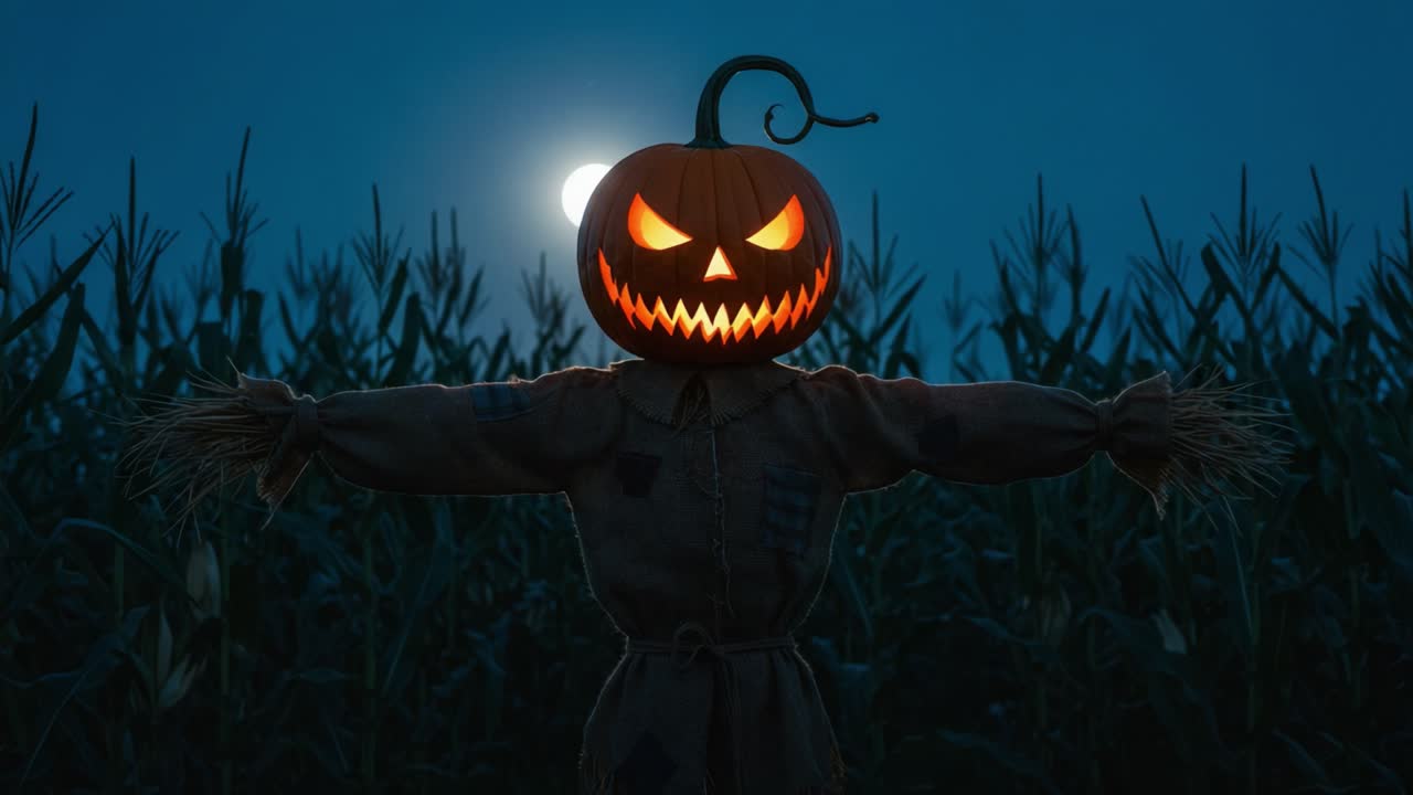 Eerie Harvest Night: A Sinister Pumpkin Scarecrow Illuminated Under the Full Moon, Standing Guard Amidst the Cornfield's Shadows