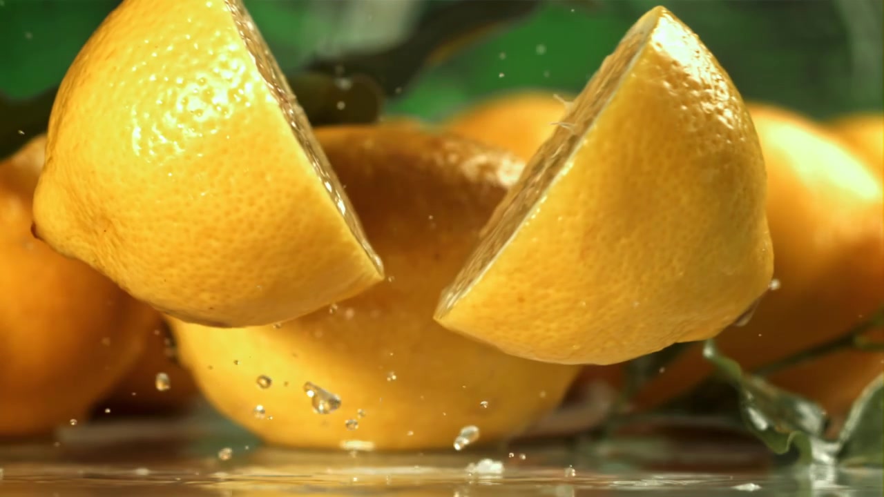 Movimento rallentato di un limone che si divide a metà con gocce d'acqua