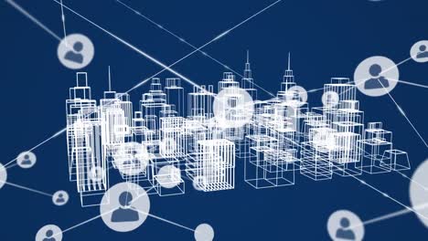 animation of network of connections over metaverse cityscape on dark blue background