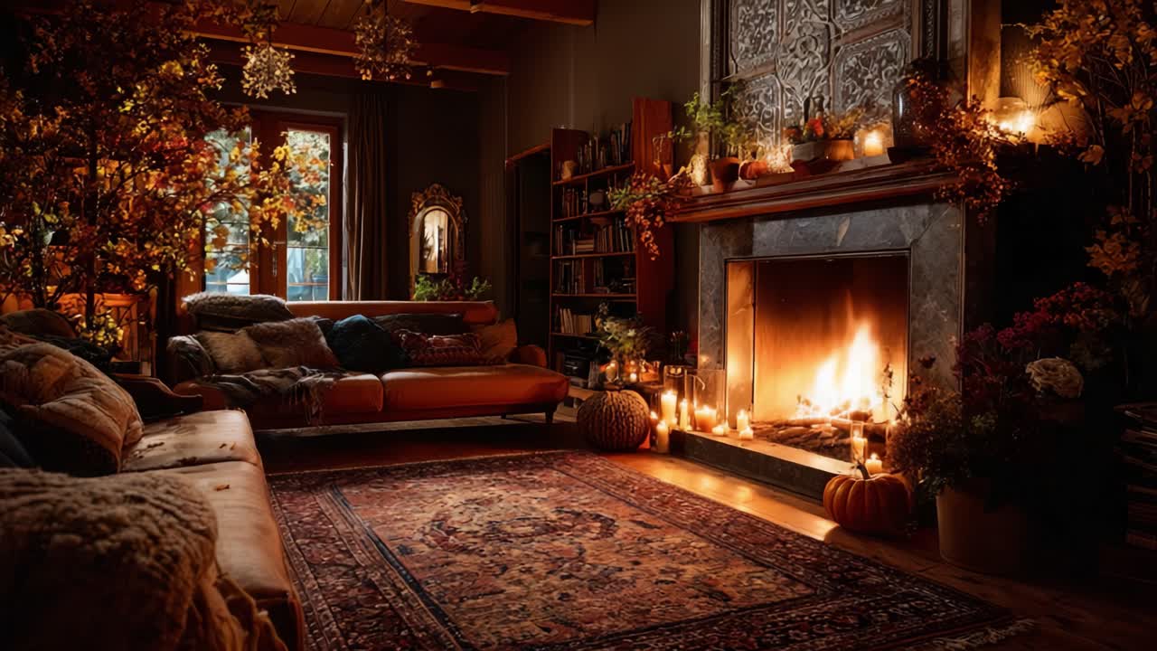 Cozy Autumn Living Room with Fireplace Surrounded by Candles and Seasonal Decor, Creating a Warm and Inviting Atmosphere for Relaxation and Gatherings