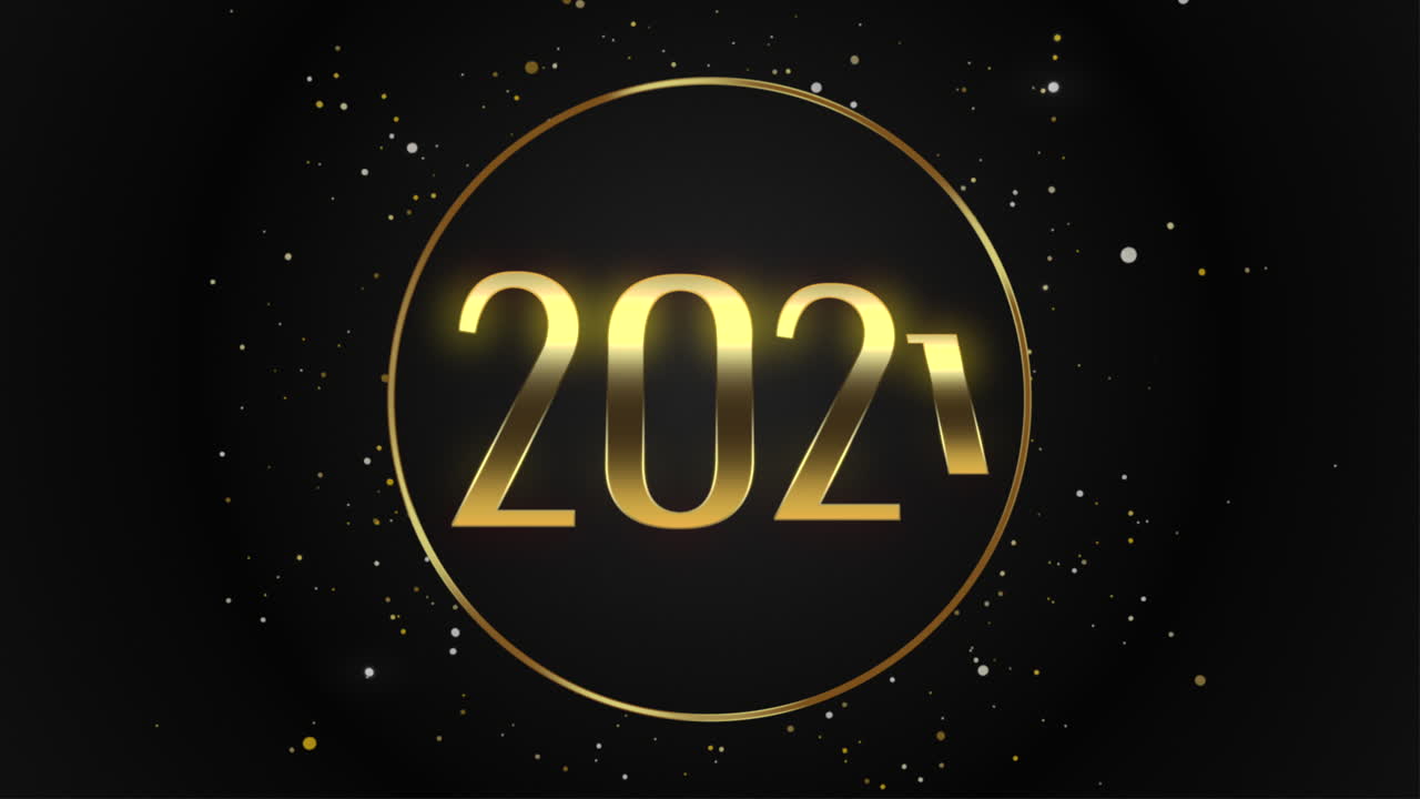 cierre animado 2021 con copos de nieve dorados voladores y brillo sobre fondo azul de vacaciones