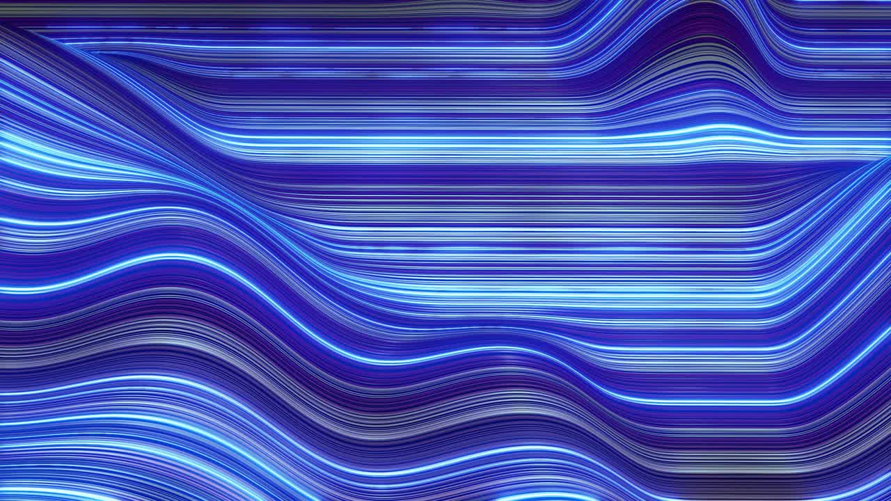Beautiful abstract background of waves on surface, color gradients, extruded lines as striped fabric surface with folds or waves on liquid. 4k loop. Glow lines. Blue 1
