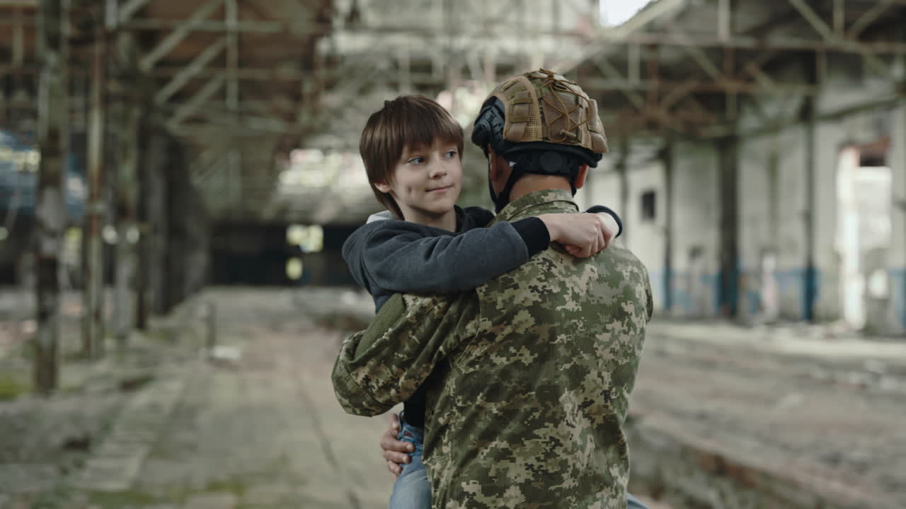 Soldier and Son in a War-Torn Building