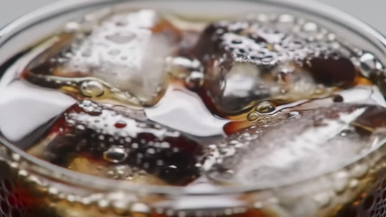 Close-Up of Bubbles and Ice in a Refreshing Carbonated Beverage, Capturing the Textures and Movement of Fizzy Drink Surrounded by Clear Ice Cubes
