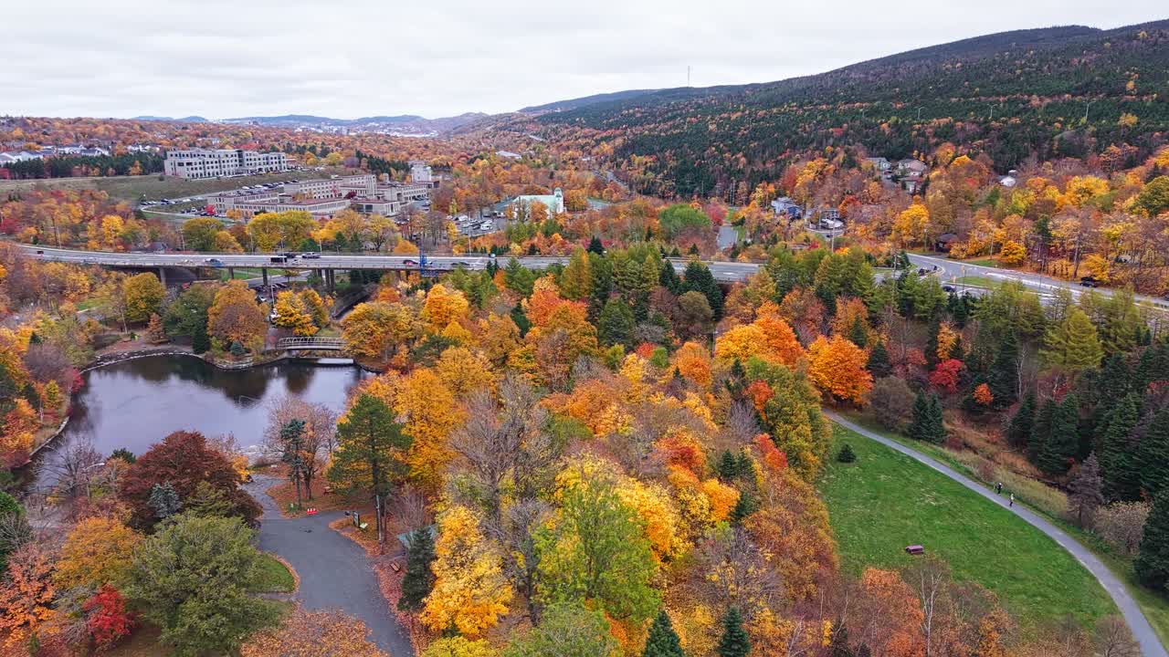Curved road and arched footbridge wrap around a small pond; beyond, buildings nestle among trees as autumn colours dominate Bowring Park’s landscape