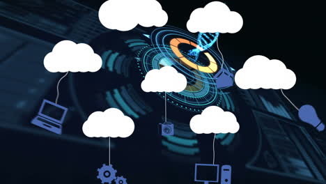 animation of clouds with icons over scope scanning and dna strand