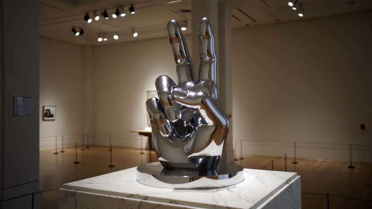 Telecamera in panoramica che rivela una scultura di mano in metallo su piedistallo di marmo in galleria, studiando i riflessi