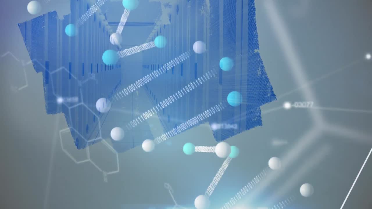 배경에서 조명과 서버를 통해 dna와 다양한 데이터의 애니메이션