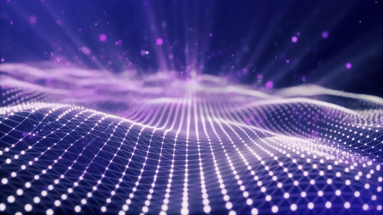 Abstract Digital Wave Grid with Glowing Particles and Light Rays