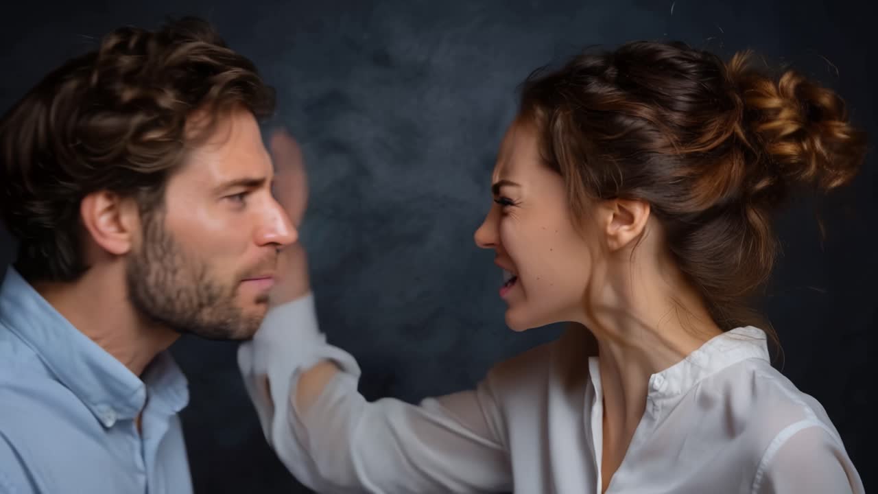 Angry couple faces off, shouting at each other. Their expressions show intense anger and frustration. Woman gestures sharply, emphasizing her rage. Man stands firm, equally upset and confrontational