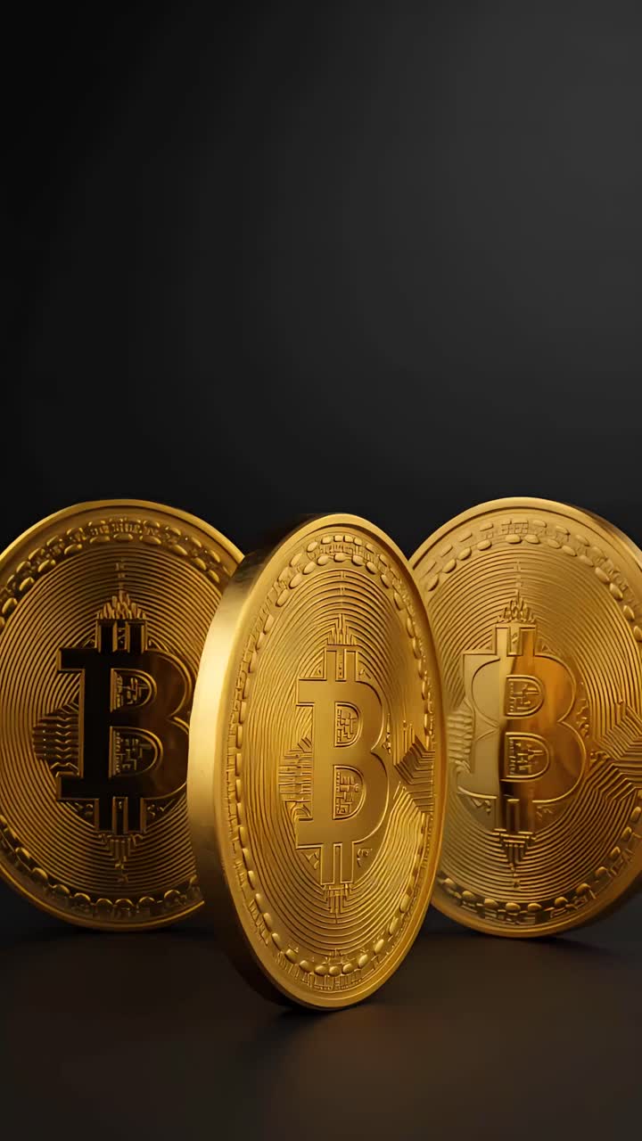 Animazione rotante di Bitcoin dorato su sfondo scuro, criptovaluta cinematografica 4K.