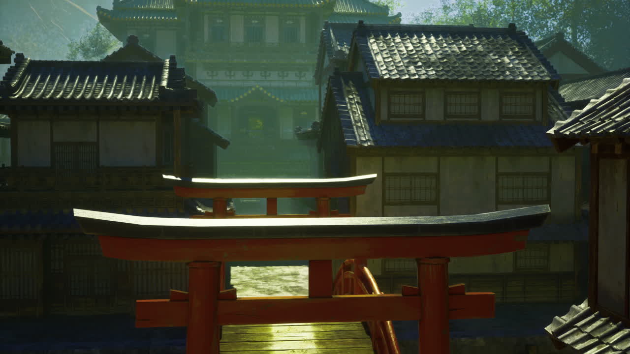 Traditional japanese architecture viewed from a wooden bridge at sunrise
