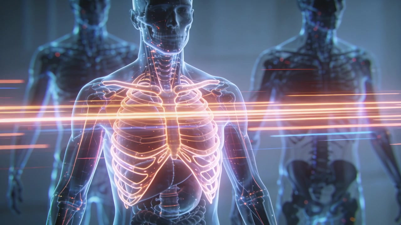 Modello anatomico centrale animato con costole e polmoni pulsanti in clinica, con strisce in movimento che avviano l'analisi.