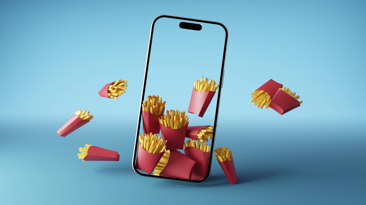 3d animation of French fries in pack box placed around mobile phone on blue