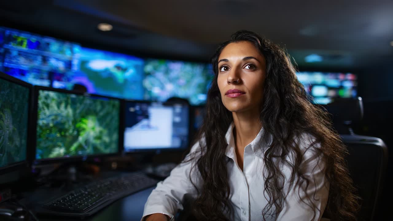 A focused woman working in a high-tech monitoring room, surrounded by multiple screens displaying various data and images, portraying the essence of modern surveillance and data analysis in a sophisticated environment