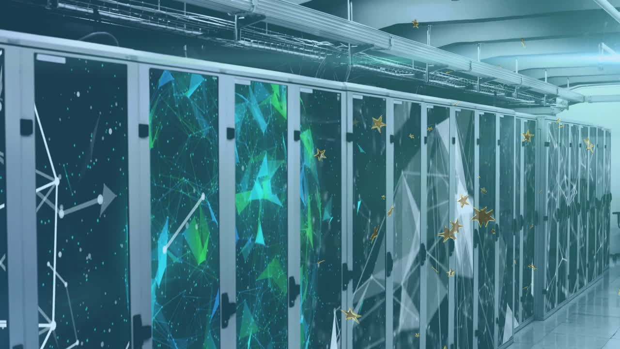 Data center servers with digital network animation over geometric patterns and stars