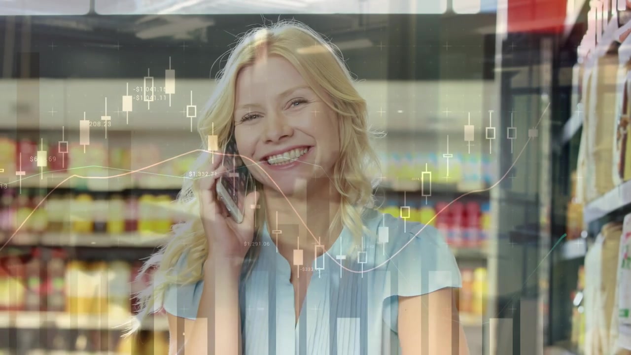 Animation of data processing over smiling caucasian woman talking on smartphone in shop
