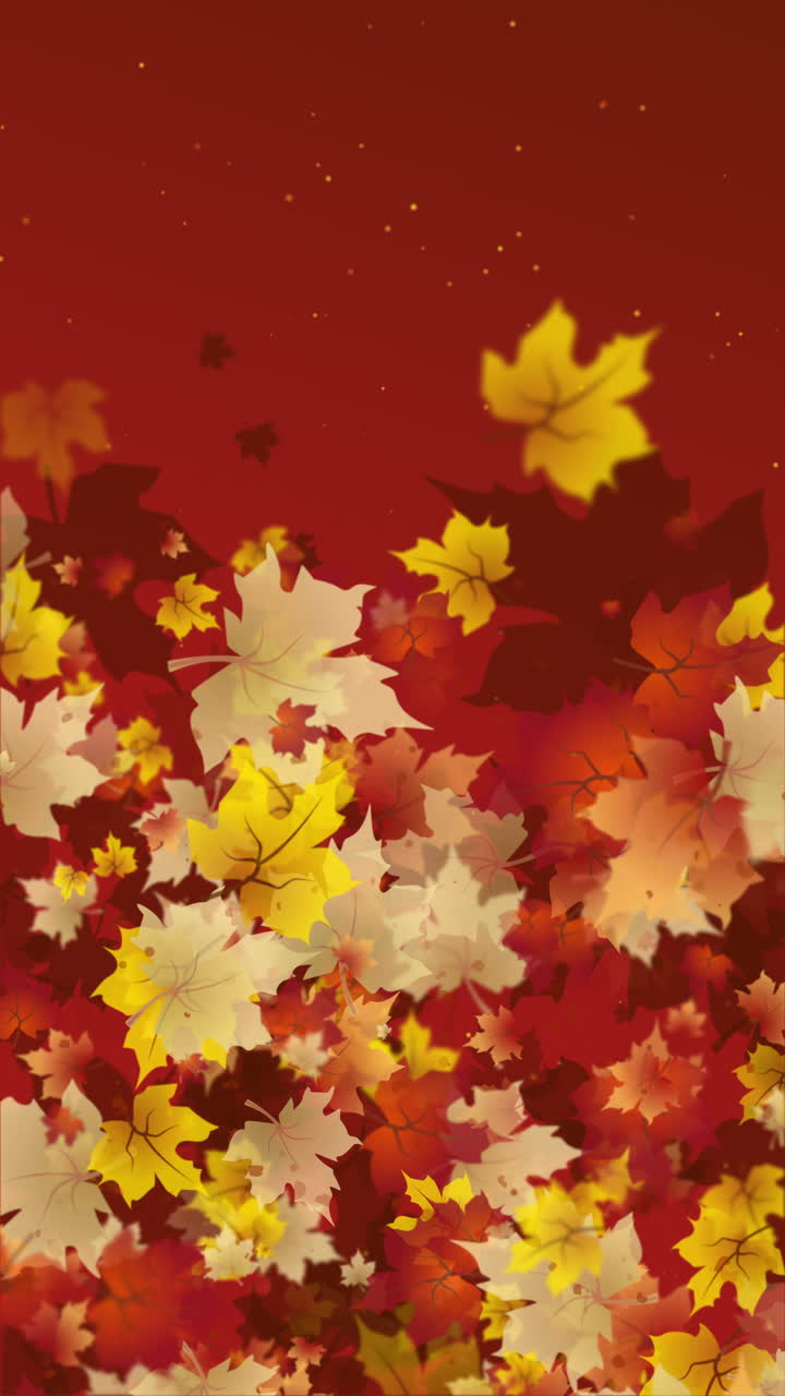 Autumn dark orange floral background with drawn blurred swirling maple leaves. Looped motion graphics. Copy space. Vertical video.