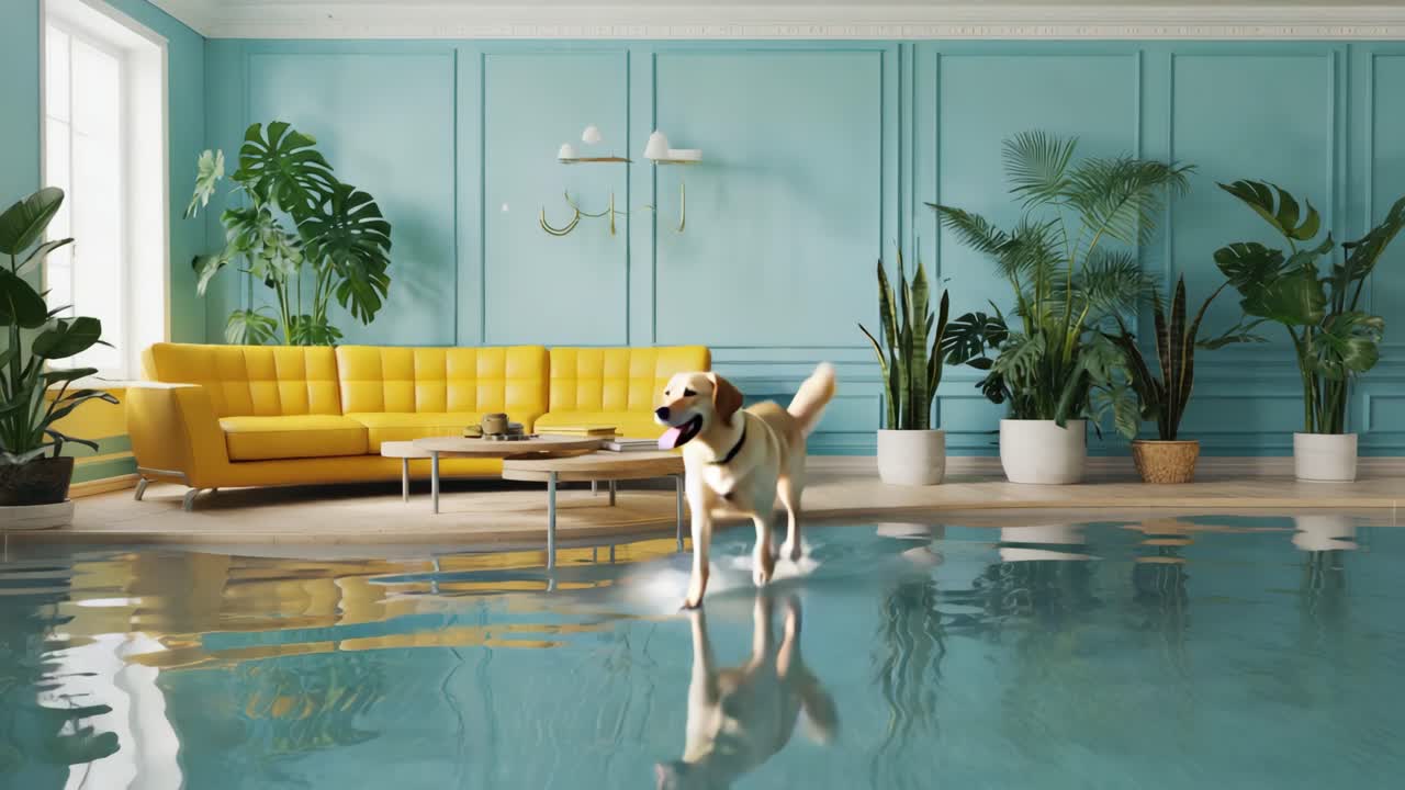 Dog in a flooded living room