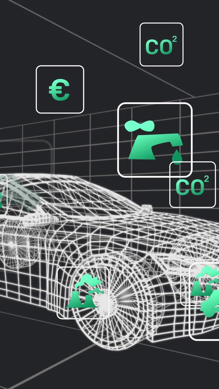 Animation of network of eco icons over 3d car drawing