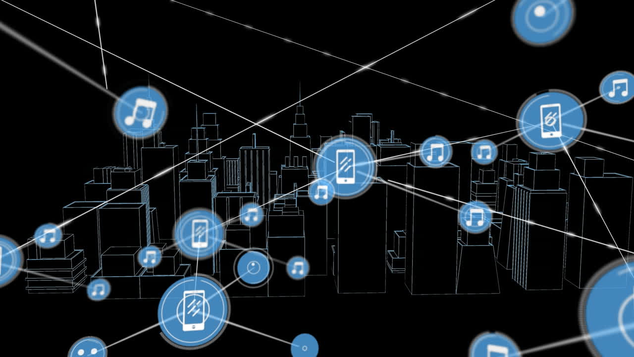 Animation of networks of connections with icons over 3d city drawing spinning on black background