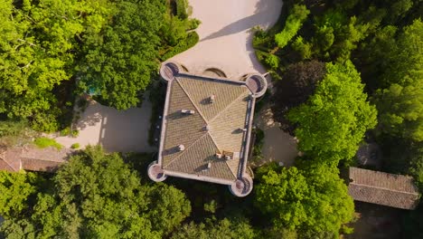 top-down rising shot of the chateau de castille surrounded by vineyards in uzes