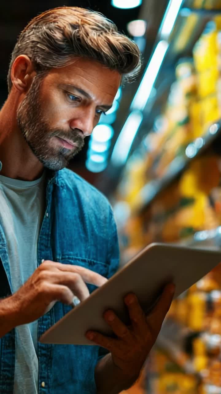 A focused man examines a digital tablet in a brightly lit store aisle, showcasing an engaging moment of technology blending with retail shopping experiences