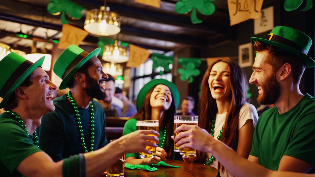 Friends celebrating St. Patrick's Day with beer in a decorated pub
