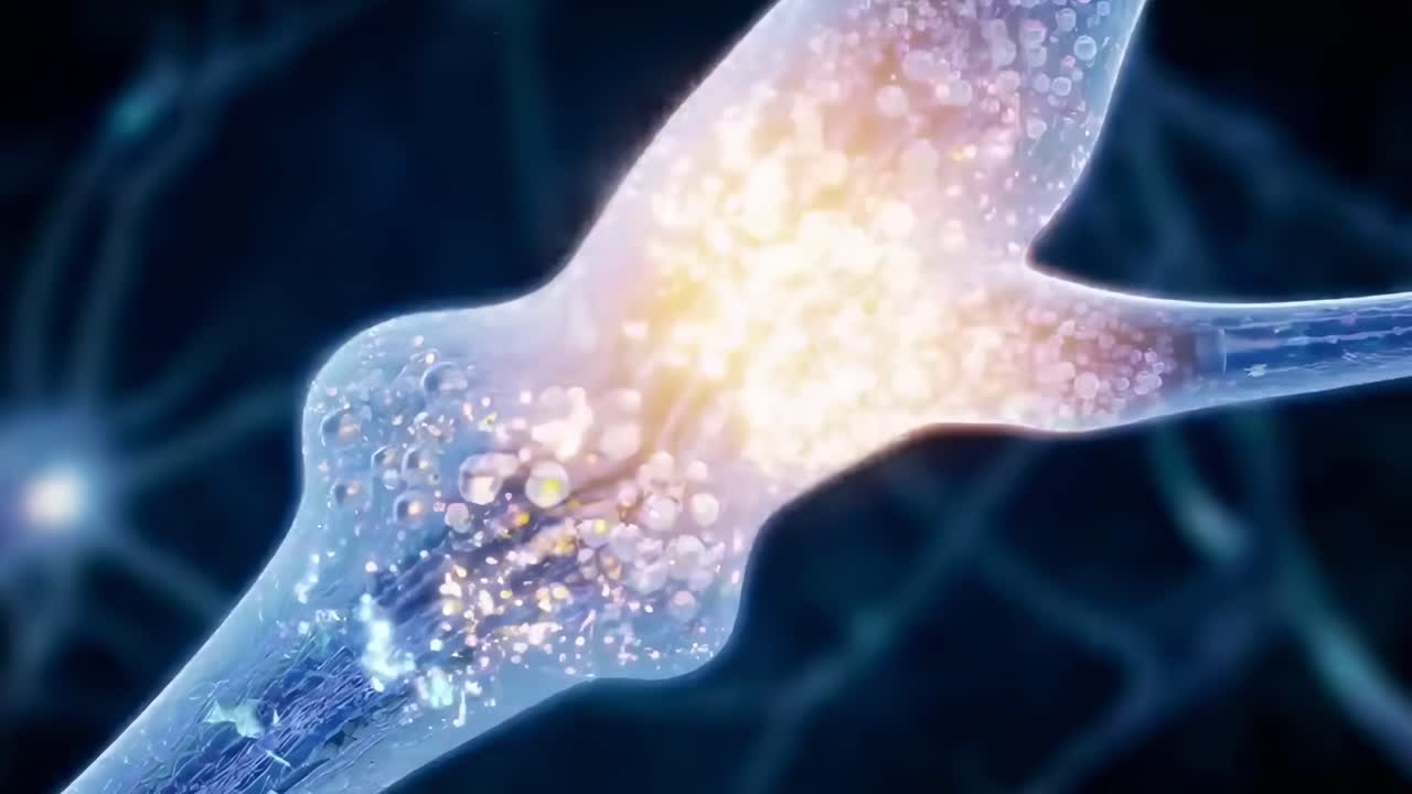 Vídeo em close-up de neurônios disparando, exibindo um estilo dinâmico e de ficção científica em ângulo macro.