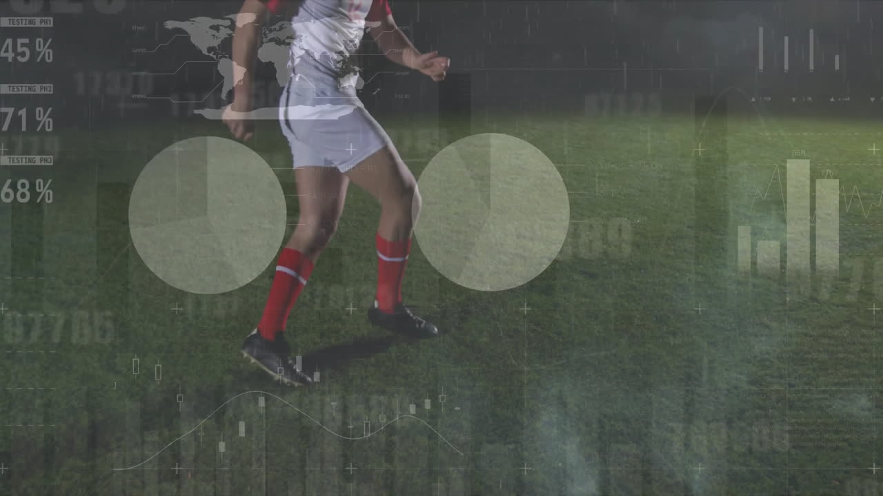 공을 가진 백인 남성 축구 선수에 대한 금융 데이터 처리의 애니메이션