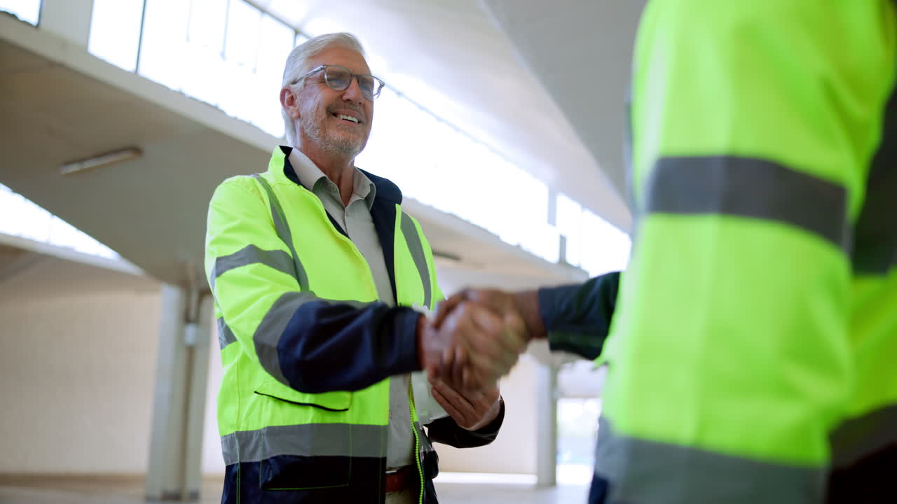 Bygningsarbejdere giver hånd på et lager.