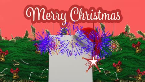 animation of christmas greetings text over fireworks and christmas decoration