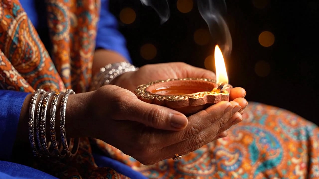 Indian woman celebrating diwali holding lit diya