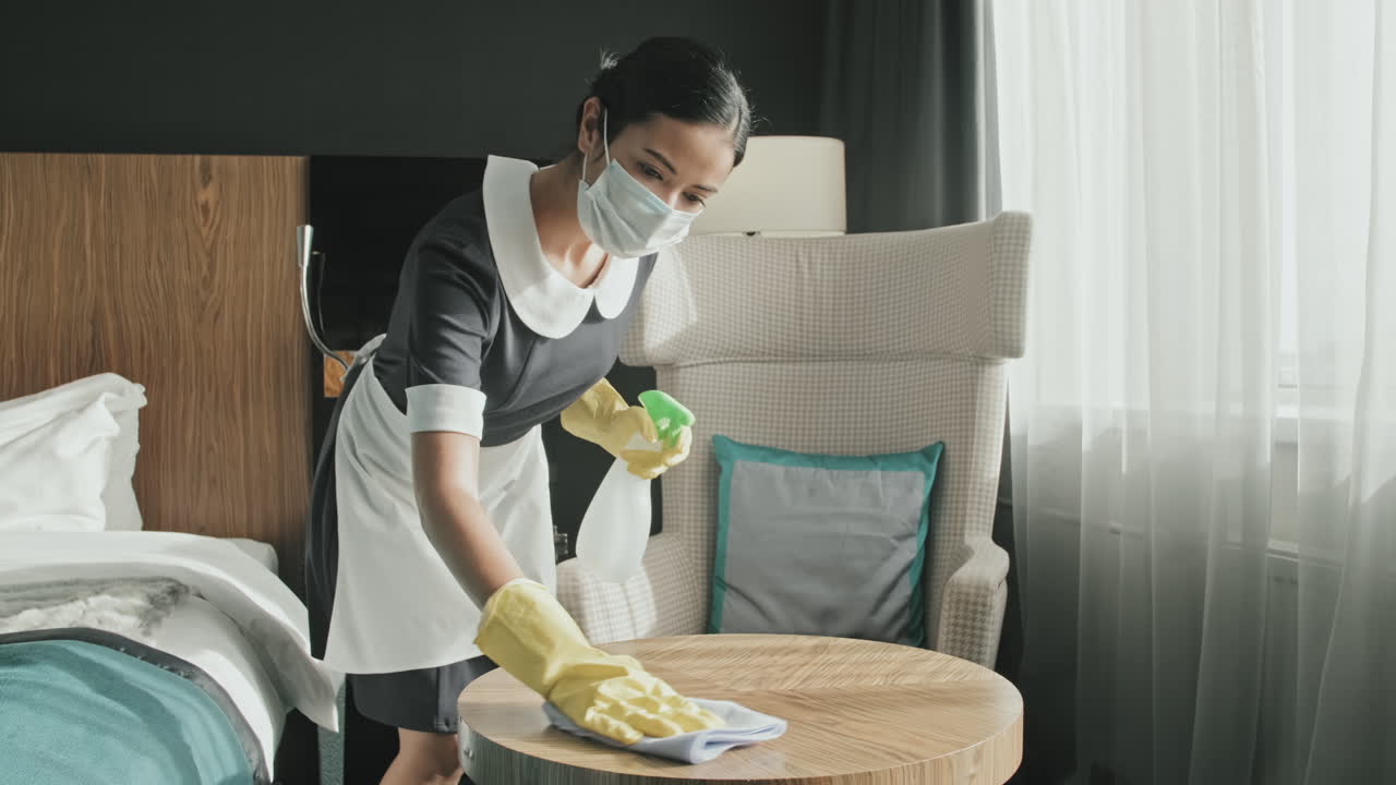 Housekeeper Cleaning Table Surface in Hotel Room