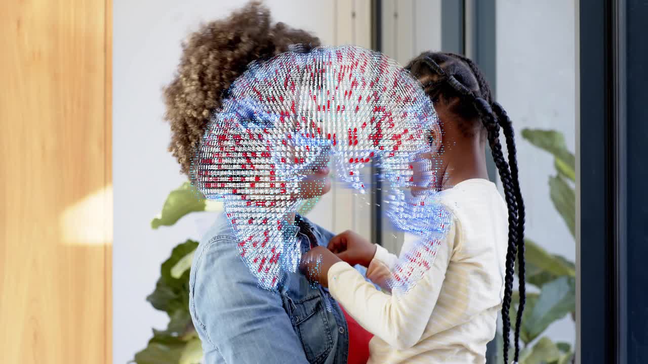 Girl initiating hug, woman lifting, supporting child as tech globe overlay sweeping across necklace