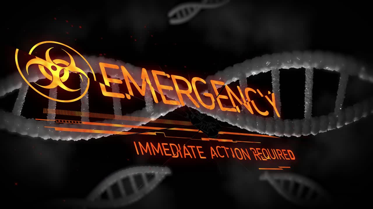 Biohazard emblem appearing, HUD bars animating, helix shifting, EMERGENCY forming to prompt action