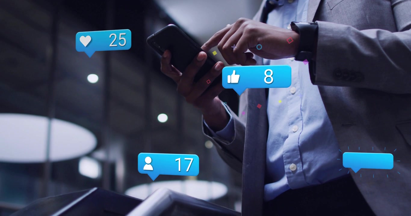 Marketer tapping phone by escalator in office atrium, animated likes floating and updating metrics