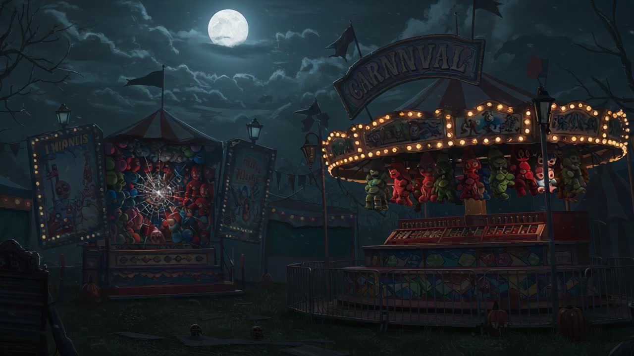 A Mysterious Carnival Scene at Night: Eerie Atmosphere with Moonlit Sky and Abandoned Attractions Evoking a Sense of Nostalgia and Intrigue